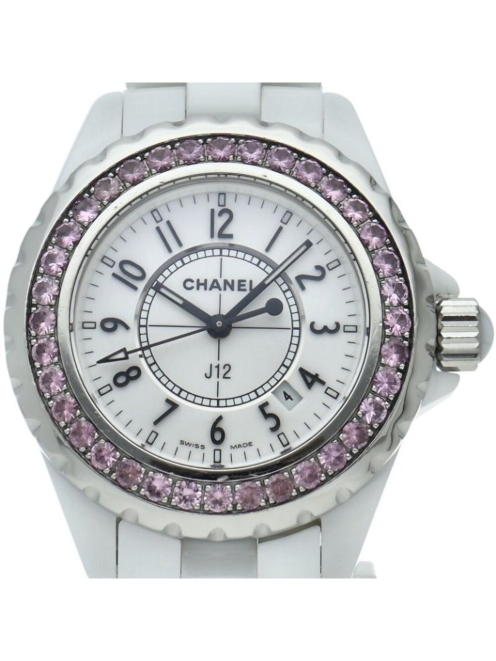 Chanel Watch 33 Pink Saffiano Bezel Box SS Ceramic White